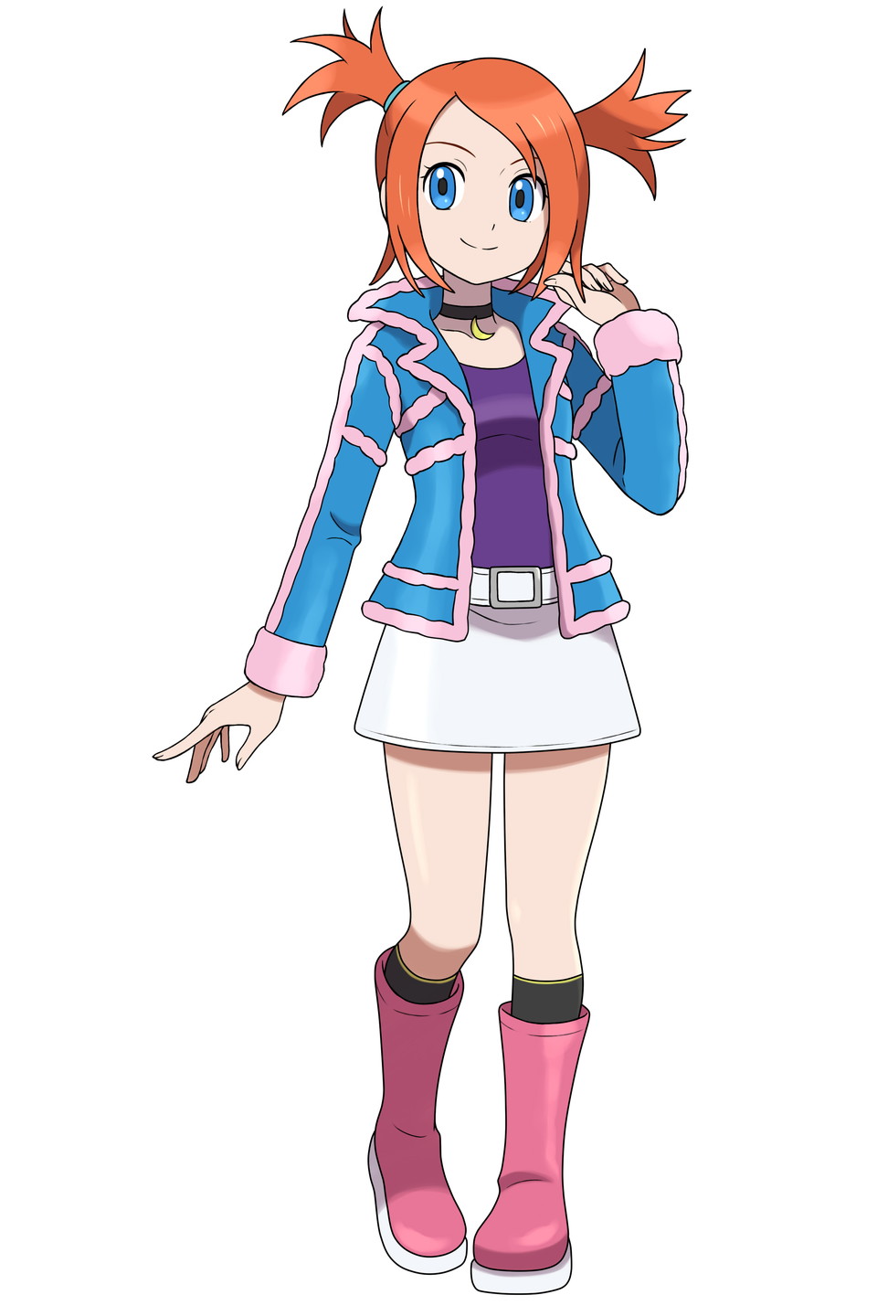 1girl asatsuki_(fgfff) belt black_socks blue_eyes blue_jacket boots closed_mouth eyelashes full_body hand_up highres jacket long_sleeves nintendo open_clothes open_jacket orange_hair pink_boots pokemon pokemon_colosseum purple_shirt rui_(pokemon) shirt simple_background skirt smile socks solo split_mouth standing two_side_up white_background white_belt white_skirt
