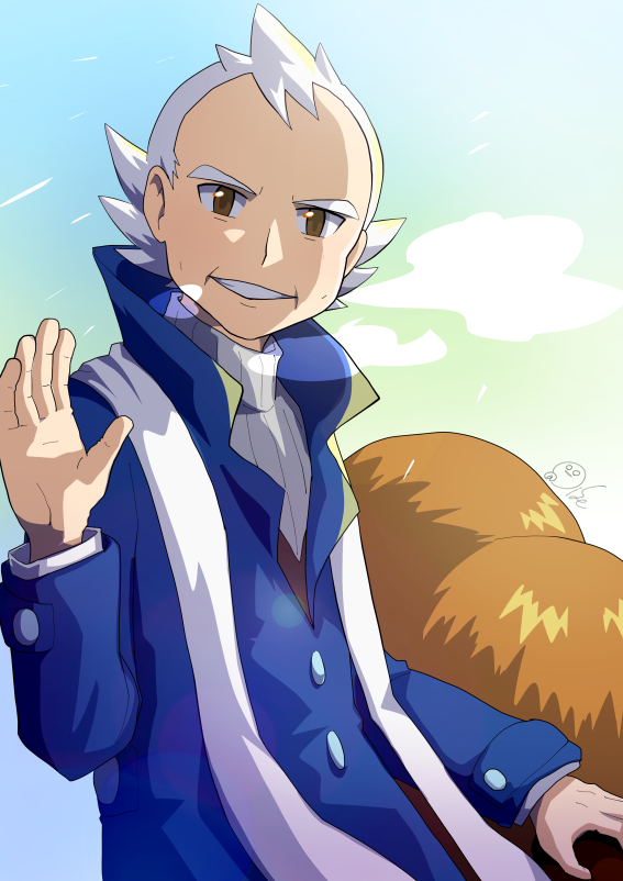 1boy blue_coat breath brown_eyes buttons cane coat commentary_request day gen_2_pokemon grey_hair grin hand_up holding holding_cane long_sleeves male_focus nintendo oooise outdoors piloswine pokemon pokemon_(creature) pokemon_hgss pryce_(pokemon) ribbed_sweater scarf short_hair signature smile sweater teeth white_scarf