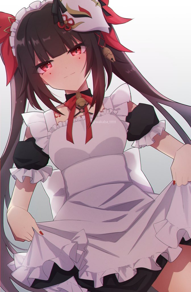 0roshioji3ran 1girl :| black_hair blunt_bangs breasts closed_mouth facial_mark fox_mask honkai:_star_rail honkai_(series) long_hair looking_at_viewer maid maid_headdress mask mask_on_head red_nails skirt_hold small_breasts solo sparkle_(honkai:_star_rail) twintails twitter_username very_long_hair