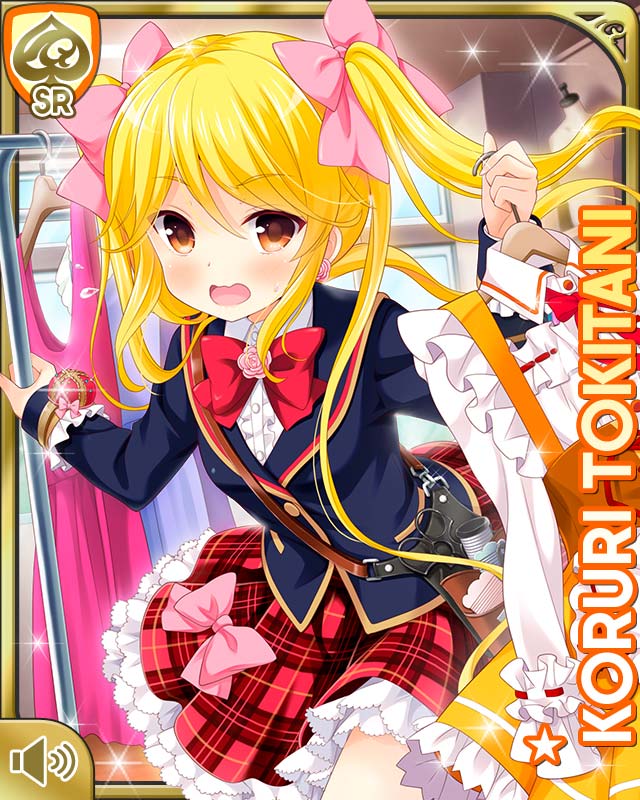 2girls blazer blonde_hair blue_jacket blush bow bowtie card_(medium) day earrings flower frilled_thigh_strap girlfriend_(kari) hair_bow indoors jacket jewelry long_hair looking_at_viewer multiple_girls official_art open_mouth panic pink_flower pink_rose plaid_clothes plaid_skirt platform_footwear qp:flapper red_bow red_skirt ribbon rose school school_uniform shirt skirt standing thigh_strap tokitani_koruri twintails white_legwear white_shirt
