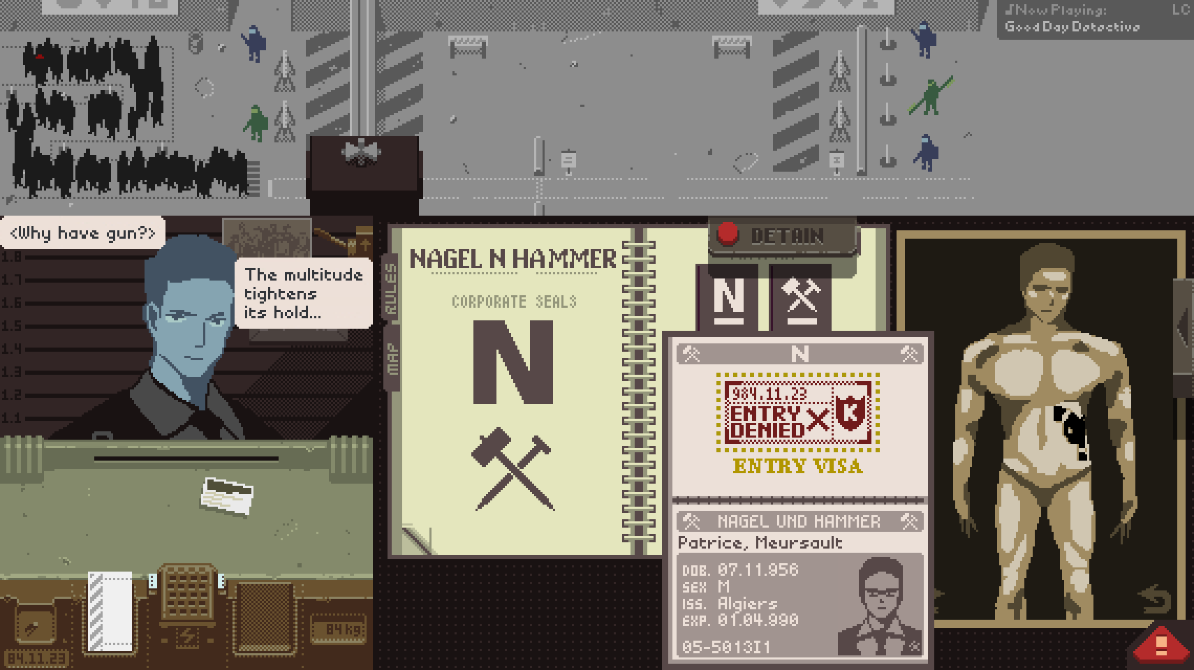 1boy character_name english_text fake_screenshot gameplay_mechanics highres limbus_company looking_at_viewer meursault_(project_moon) muscular muscular_male papers_please passport project_moon redm0e road serious short_hair