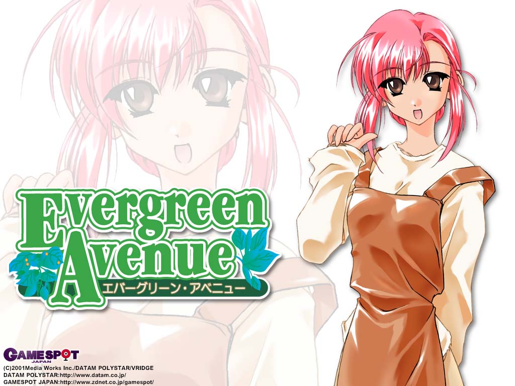 1girl apron arm_up atelier-moo bow braid braided_bun brown_apron brown_eyes company_logo company_name copyright_logo copyright_notice cowboy_shot evergreen_avenue hair_between_eyes hair_bun ira(evergreen_avenue) long_sidelocks long_sleeves looking_at_viewer open_mouth pink_bow pink_hair shirt sidelocks simple_background smile solo standing white_background white_shirt