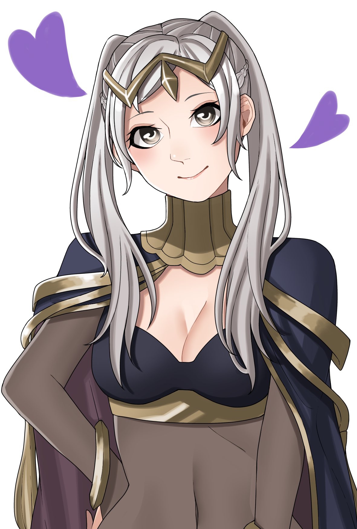 1girl ao_saryaruhu arm_at_side armlet black_bra bodysuit bra bracelet breasts brown_eyes cleavage clenched_hand cloak collar covered_navel eyelashes facing_viewer female_focus female_robin_(fire_emblem) fire_emblem fire_emblem_awakening hair_ornament hand_on_own_hip happy head_tilt heart highres jewelry long_hair looking_at_viewer lots_of_jewelry medium_breasts nintendo revealing_clothes see-through_bodysuit see-through_clothes sidelocks simple_background smile standing swept_bangs tharja_(fire_emblem)_(cosplay) tiara twintails underwear upper_body white_background white_hair