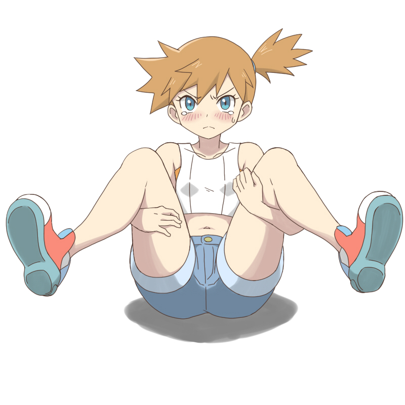 1girl an1k1_(tkks5227) aqua_eyes asymmetrical_hair blush breasts denim denim_shorts gym_leader legs looking_at_viewer misty_(pokemon) navel nintendo open_mouth orange_hair pokemon pokemon_lgpe ponytail shirt shoes short_hair short_shorts shorts side_ponytail white_shirt