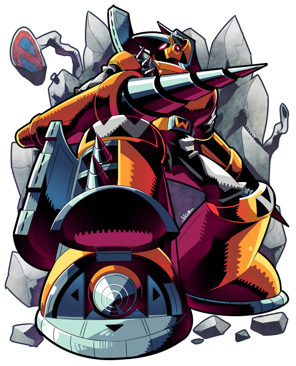 1boy colored_sclera crash_man drill_hand male_focus mcnr mega_man_(classic) mega_man_(series) mega_man_2 mega_man_megamix red_sclera robot solo