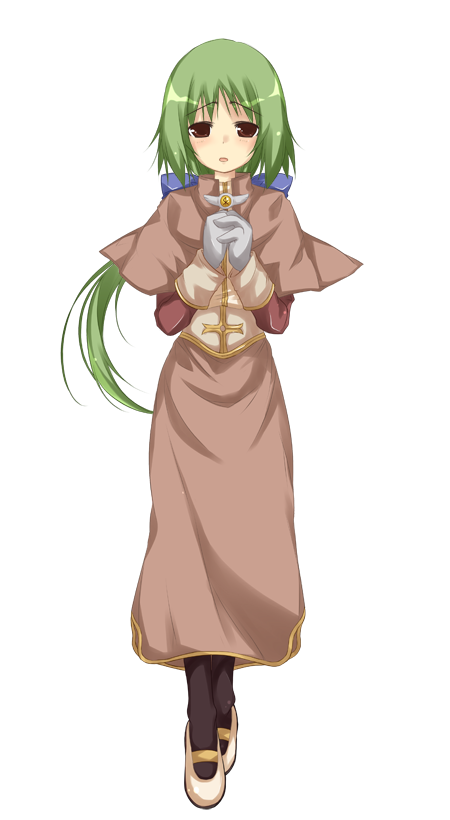 1girl :o acolyte_(ragnarok_online) black_socks blue_bow blush bow brown_capelet brown_eyes brown_skirt capelet full_body gloves green_hair grey_gloves hair_bow half-closed_eyes large_variant_set long_hair long_skirt long_sleeves low_ponytail mary_janes official_art open_mouth own_hands_together ponytail ragnarok:_guild_masters ragnarok_online shirt shoes simple_background skirt socks solo standing transparent_background variant_set white_shirt white_shoes yumesato_makura