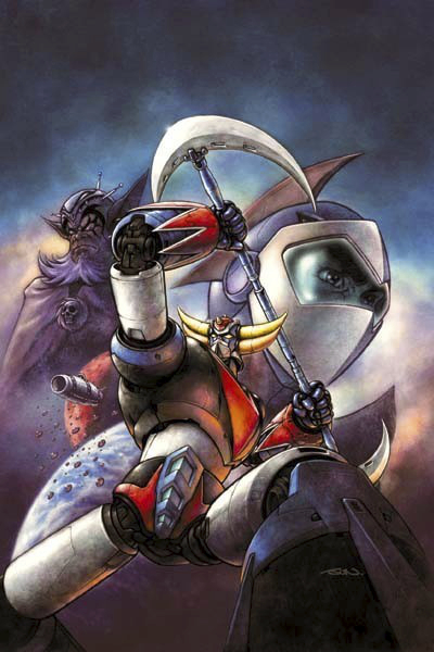 1970s_(style) 1boy bodysuit clenched_hands duke_fleed earth_(planet) grendizer helmet holding holding_weapon horns mazinger_(series) mecha mecha_focus nakamura_jun&#039;ichi oldschool pilot_suit planet retro_artstyle robot science_fiction skin_tight super_robot ufo_robo_grendizer vega_(grendizer) weapon yellow_eyes