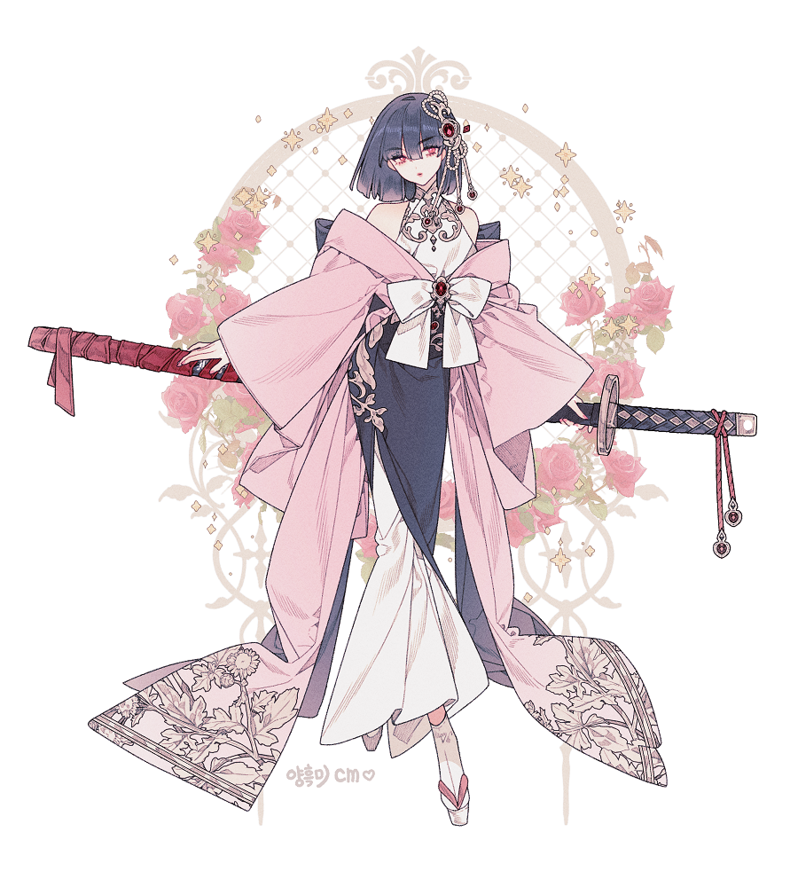 1girl ankle_socks black_hair black_skirt bow choppy_bangs expressionless fashion flower fold-over_collar full_body holding holding_behind_back holding_sword holding_sword_behind_back holding_weapon holding_weapon_behind_back japanese_clothes katana kimono lemon89h long_skirt long_sleeves mandarin_collar medium_hair okobo original pink_eyes pink_kimono platform_sandals red_flower red_ribbon red_rose ribbon rose sandals skirt socks solo sword tabi weapon white_background white_bow white_socks wide_sleeves