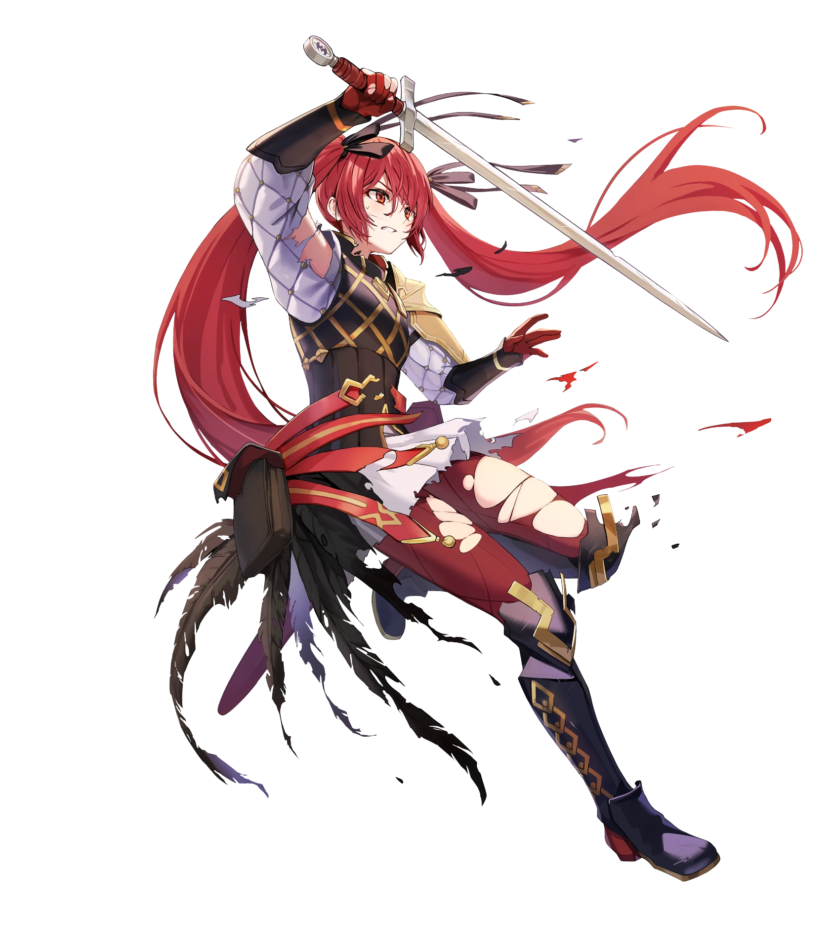 1girl armor boots clenched_teeth commentary english_commentary fire_emblem fire_emblem_fates fire_emblem_heroes gambeson gloves hair_ribbon highres holding holding_sword holding_weapon leg_up leggings long_hair nintendo non-web_source official_art open_mouth parted_lips red_eyes red_hair red_leggings ribbon selena_(fire_emblem_fates) selena_(resplendent)_(fire_emblem_fates) slashing smile solo sword teeth torn_clothes torn_leggings twintails v-shaped_eyebrows very_long_hair weapon