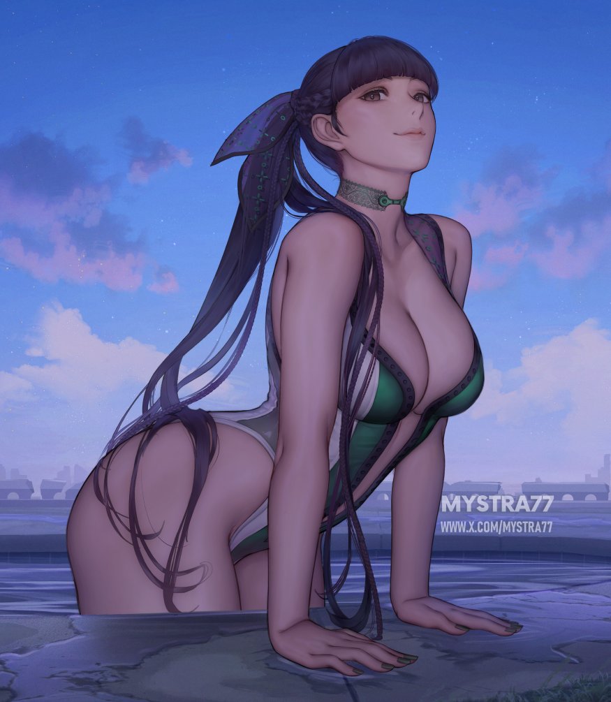 1girl bare_shoulders black_hair blunt_bangs breasts brown_eyes cleavage collarbone eve_(stellar_blade) fingernails green_one-piece_swimsuit large_breasts long_hair looking_at_viewer multicolored_swimsuit mystra77 nail_polish night night_sky one-piece_swimsuit planet_diving_suit_(7th)_(stellar_blade) ponytail pool sky smile solo star_(sky) starry_sky stellar_blade swimsuit thighs very_long_hair water