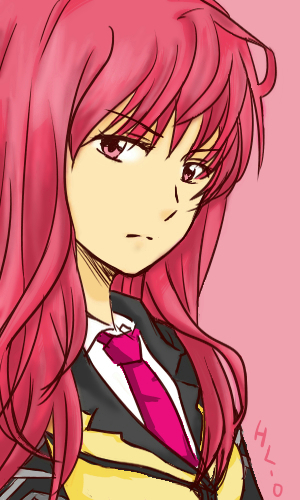 1girl bad_id bad_pixiv_id banpresto female_focus hl-0_haruno long_hair lowres necktie pink_hair red_eyes red_hair solo super_robot_wars super_robot_wars_l takayama_yuuto uniform