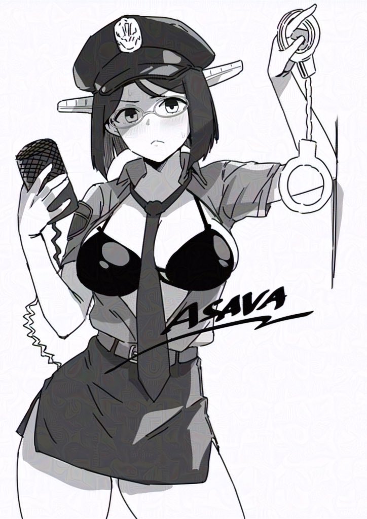 1girl alternate_costume asava_(hutaitenn) bra commentary_request cuffs dress_shirt glasses greyscale handcuffs hat headgear holding holding_walkie-talkie kantai_collection kirishima_(kancolle) looking_at_viewer monochrome necktie open_clothes open_shirt peaked_cap pencil_skirt police police_uniform policewoman shirt short_hair signature simple_background skirt solo underwear walkie-talkie