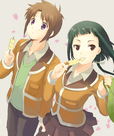 00s 1boy 1girl bad_id bad_pixiv_id bag blazer blunt_bangs brown_hair brown_skirt dango eating food green_hair jacket low_ponytail lowres miton_(ton321) my-hime okuzaki_akira petals ponytail purple_eyes school_uniform short_hair skirt sweater_vest tokiha_takumi wagashi