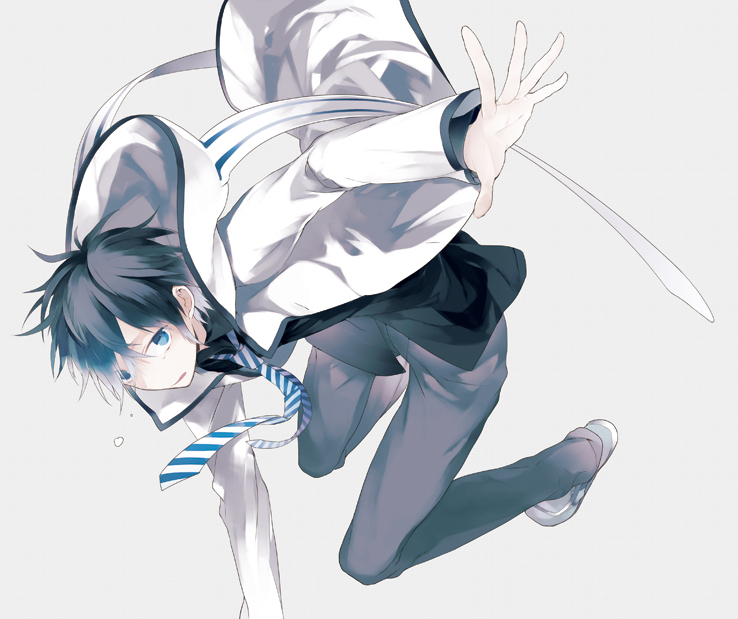 10s 1boy akio_(89e) black_hair blue_eyes crying devil_survivor_(series) devil_survivor_2 grey_background hood hoodie jacket kneeling looking_at_viewer male_focus necktie outstretched_arm protagonist_(devil_survivor_2) short_hair simple_background solo tears