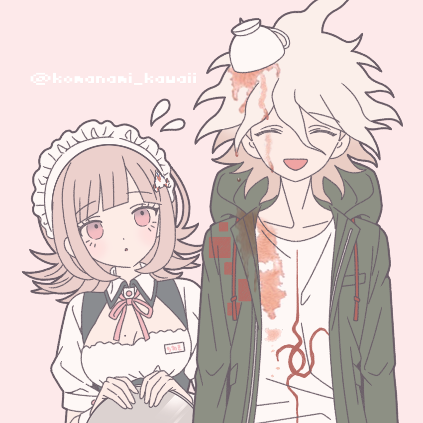 1boy 1girl :d :o breasts cleavage coffee cup_on_head danganronpa_(series) danganronpa_2:_goodbye_despair dress facing_viewer galaga green_jacket grey_background grey_hair holding holding_tray hood hood_down hooded_jacket jacket komaeda_nagito komanami_kawaii large_breasts looking_at_another maid mole mole_on_breast nanami_chiaki official_alternate_costume open_clothes open_jacket open_mouth pink_eyes print_shirt shirt short_hair simple_background smile spaceship_hair_ornament tray white_shirt