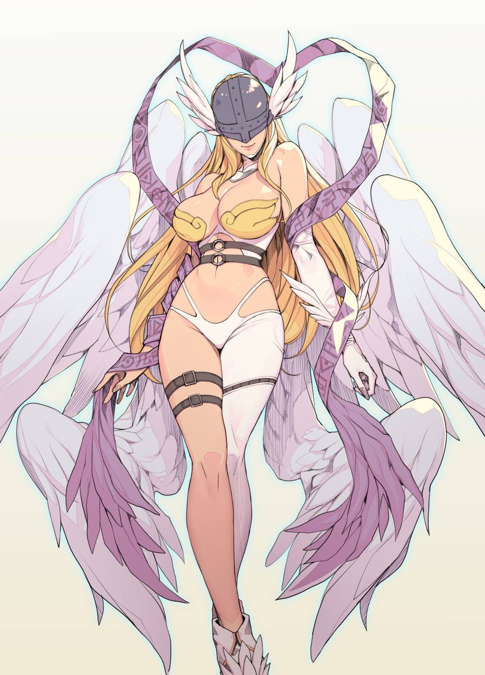 angel angel_girl angel_wings angewomon asymmetrical_clothes asymmetrical_legwear bare_shoulders blonde_hair breasts collarbone commentary covered_eyes digimon digimon_(creature) digimon_adventure elbow_gloves feathered_wings gloves head_wings helmet helmet_over_eyes highres large_breasts long_hair multiple_wings oda_non pink_shawl shawl shiny_skin simple_background thigh_strap thighs wings wrist_wings