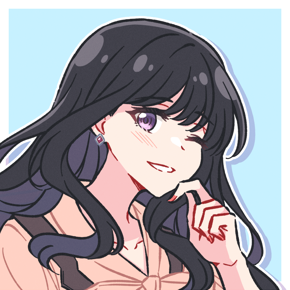 1girl akamirai black_hair earrings grin hand_on_own_chin inoue_takina jewelry long_hair looking_at_viewer lycoris_recoil one_eye_closed portrait purple_eyes single_earring smile