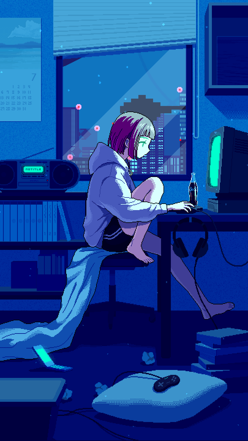 1girl animated animated_gif barefoot black_shorts blanket bob_cut book book_stack bottle calendar_(object) chair city computer computer_mouse controller crt dithering feet fish from_side game_controller glass_bottle headphones highres hood hood_down hoodie indoors looping_animation monitor narume original pillow pixel_art profile purple_hair shelf short_shorts shorts sitting soda_bottle solo stereo stool swivel_chair underwater used_tissue white_hoodie window