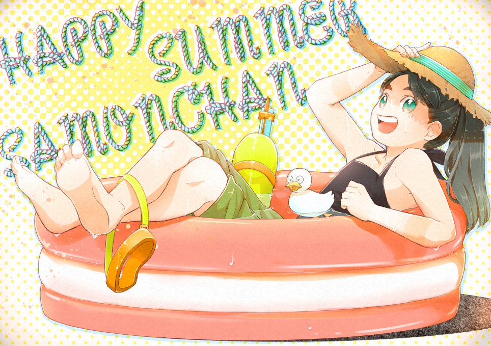 1boy 58_(scbaby) androgynous barefoot black_tank_top character_name goggles happy_birthday hat kanzaki_samon long_hair open_mouth partially_submerged ponytail rakudai_ninja_rantarou rubber_duck shorts sitting solo straw_hat sun_hat tank_top wading_pool water_gun wet