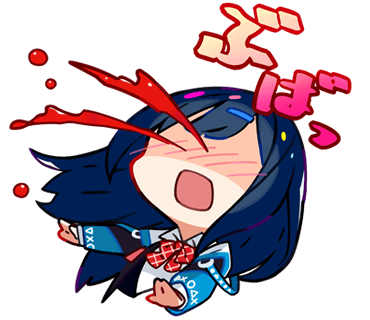 1girl blood blue_hair blue_jacket blush chibi collared_shirt cropped_torso denonbu hair_ornament hairclip jacket kurumitsu long_hair long_sleeves lowres no_eyes nose_blush nosebleed official_art open_mouth shaded_face shinonome_kazune shirt solo translation_request transparent_background upper_body white_shirt