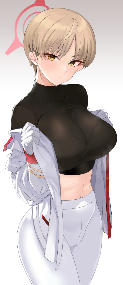 1girl ashita_(2010) black_shirt blue_archive breasts brown_hair gloves gradient_background grey_background halo large_breasts looking_at_viewer marina_(blue_archive) midriff navel pants red_halo revision shirt short_hair solo standing white_background white_gloves white_pants white_uniform yellow_eyes