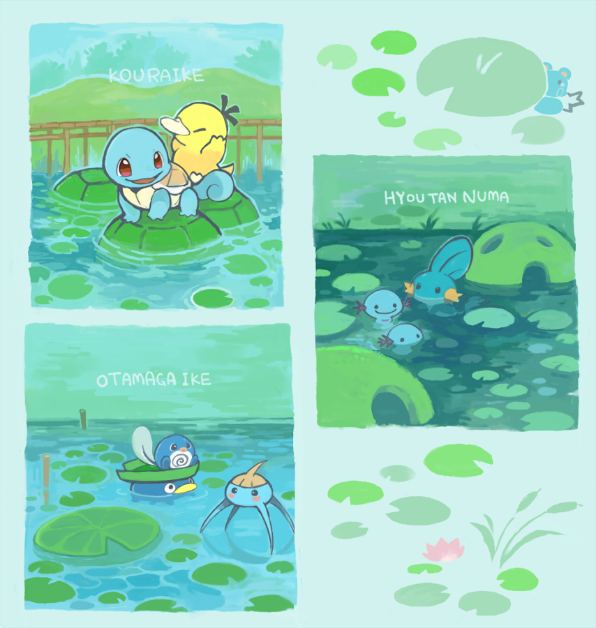 azurill game_freak gen_1_pokemon gen_2_pokemon gen_3_pokemon konanbo lily_pad lotad mudkip nintendo no_humans open_mouth outdoors pokemon pokemon_(creature) pokemon_mystery_dungeon poliwag psyduck red_eyes ripples romaji_text squirtle surskit swimming translation_request water wooper