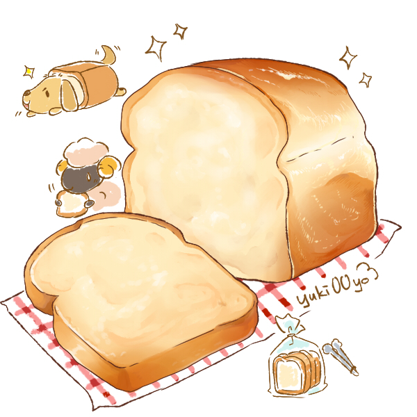 0_0 animal artist_name bag black_eyes bread chibi chibi_inset dog dog_(yuki00yo) eating food food_focus happy holding holding_food in_food loaf_of_bread napkin no_humans open_mouth original plastic_bag sheep sheep_(yuki00yo) signature simple_background smile solid_oval_eyes sparkle tongs white_background white_eyes yuki00yo