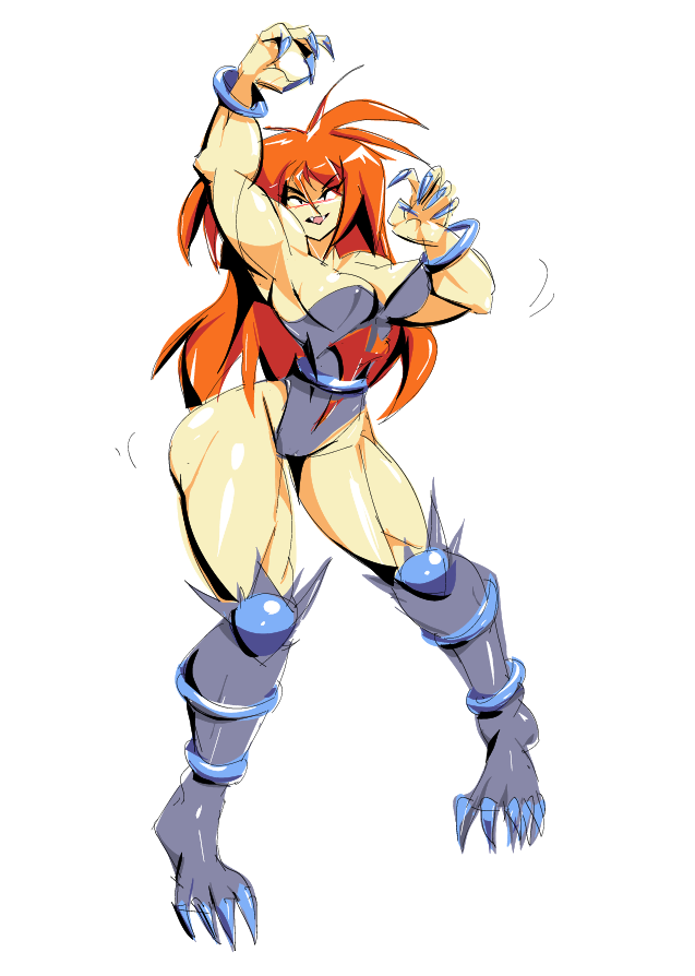 1girl amazon armpits ass belt black_eyes bracelet breakers breasts claws cleavage fangs jewelry large_breasts leotard long_hair muscular muscular_arms muscular_female muscular_legs red_hair rila_estancia thick_thighs thighs wide_hips