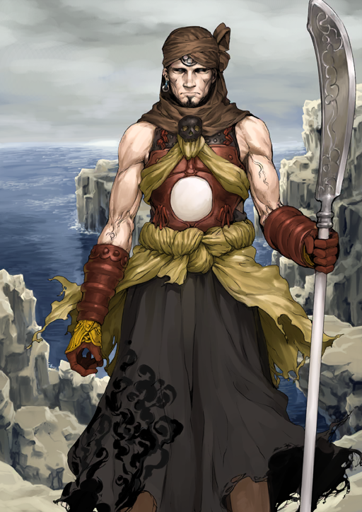 1boy arm_at_side armor bare_shoulders black_facial_hair black_sclera black_skirt breastplate brown_gloves brown_headscarf closed_mouth colored_sclera earrings facial_hair fate/grand_order fate_(series) feet_out_of_frame frown gloves goatee headscarf holding holding_polearm holding_weapon jewelry legs_apart looking_at_viewer male_focus musashibou_benkei_(fate) no_eyebrows ocean official_art outdoors overcast polearm shinjirou skirt sky solo standing third-party_source toned toned_male torn_clothes veins weapon white_eyes