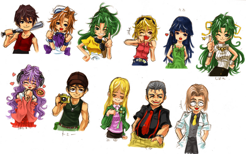 4boys 6+girls baseball_bat belt blonde_hair blush brown_eyes brown_hair camera character_name child curly_hair doctor dog_tags fang furude_rika glasses hands_in_pockets hanyuu hat heart higurashi_no_naku_koro_ni houjou_satoko irie_kyousuke japanese_clothes laughing long_hair maebara_keiichi miko multiple_boys multiple_girls one_eye_closed ooishi_kuraudo open_mouth orange_hair ryou_(shirotsumesou) ryuuguu_rena shaded_face short_hair siblings simple_background sisters skirt sleeveless smile sonozaki_mion sonozaki_shion suspenders sweater_vest takano_miyo tomitake_jirou twins