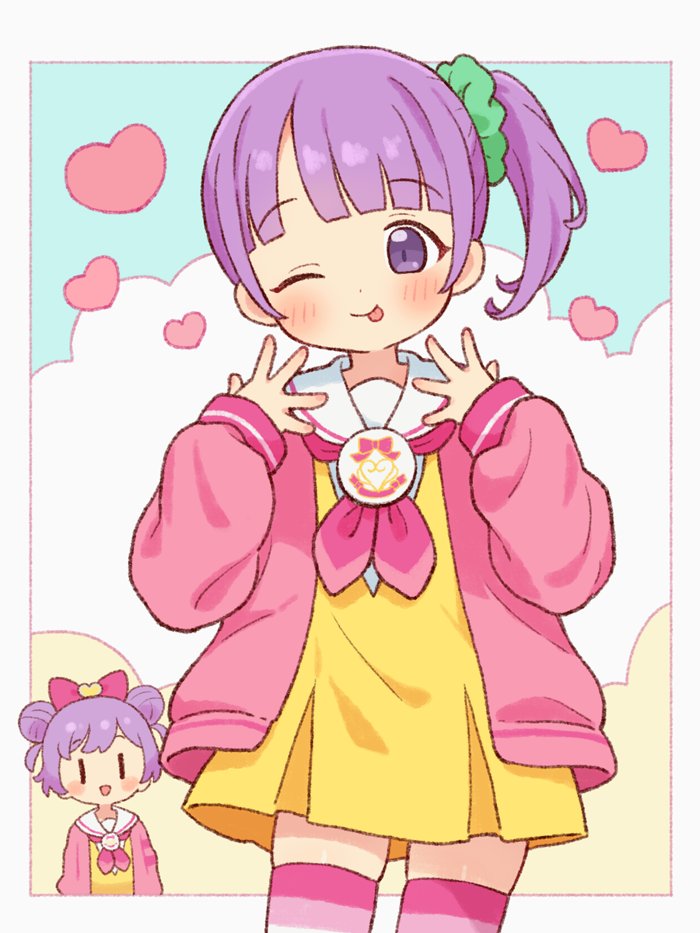 2girls ;p border bow cardigan closed_mouth commentary_request dot_nose double_bun dress green_scrunchie hair_bow hair_bun hair_ornament hair_scrunchie hands_up long_sleeves looking_at_viewer manaka_laala manaka_laala_(normal) manaka_non manaka_non_(normal) multiple_girls neckerchief one_eye_closed onyhakase open_cardigan open_clothes paprika_private_academy_school_uniform pink_bow pink_cardigan pink_neckerchief pink_thighhighs pretty_series pripara purple_eyes purple_hair sailor_collar sailor_dress school_uniform scrunchie short_hair siblings side_ponytail sisters skindentation smile thighhighs tongue tongue_out white_border white_sailor_collar yellow_dress