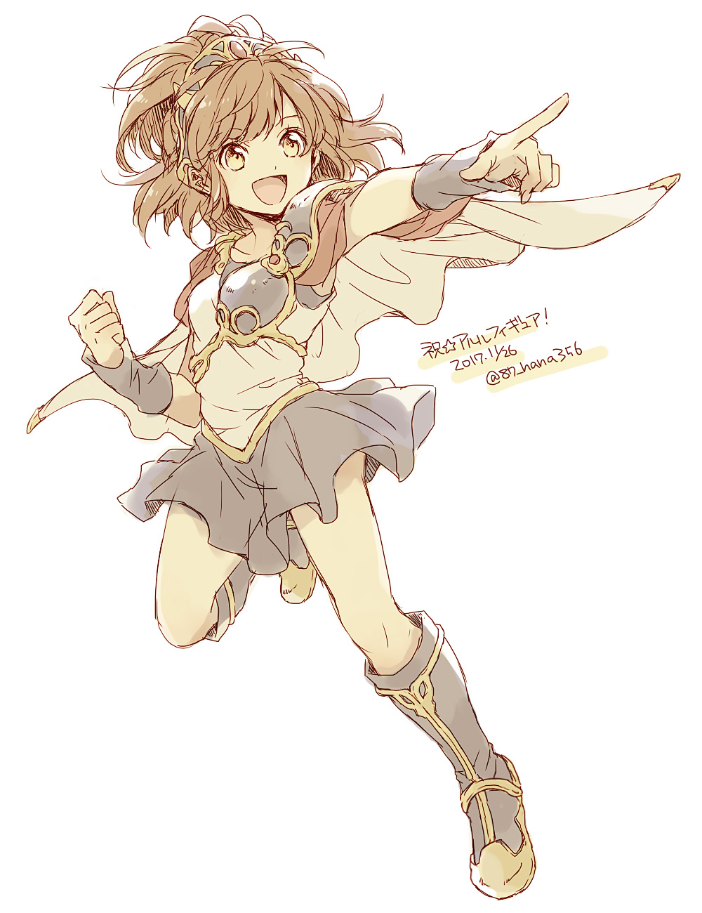 1girl arle_nadja armor boots breastplate brown_eyes brown_hair cape hana_(mew) happy highres looking_ahead open_mouth pointing pointing_forward ponytail puyopuyo shirt simple_background skirt solo white_background white_cape