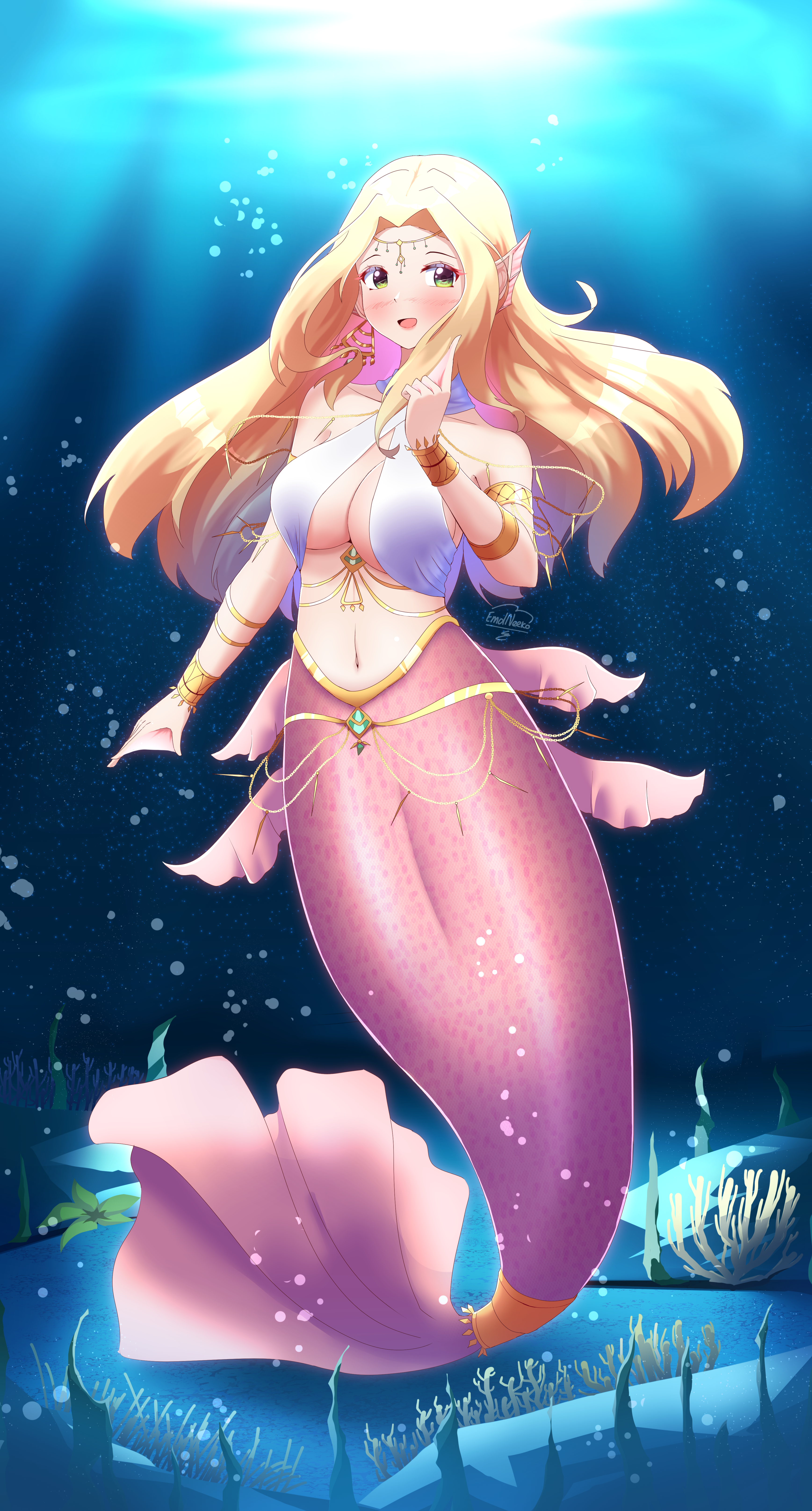 1girl absurdres artist_name blonde_hair breasts bubble cleavage commentary commission criss-cross_halter crop_top emdneeko english_commentary fins floating_hair full_body green_eyes halterneck head_fins highres long_hair medium_breasts mermaid midriff monster_girl navel open_mouth original pointing pointing_up sea_anemone smile solo underwater very_long_hair webbed_hands