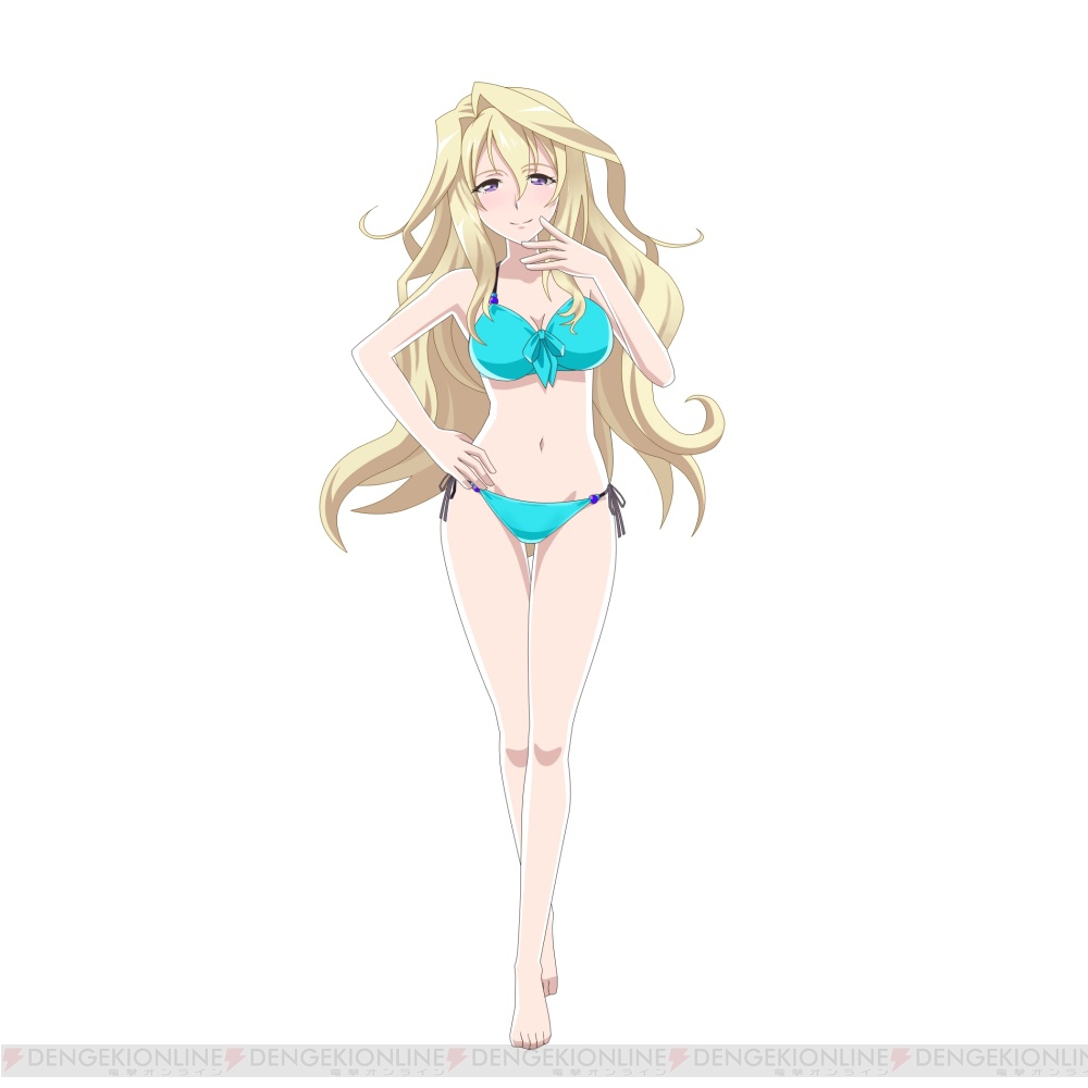 10s 1girl aqua_bikini bikini blonde_hair blush breasts claudia_enfield cleavage colored_skin dengeki female_focus full_body gakusen_toshi_asterisk kawakami_tetsuya large_breasts long_hair looking_at_viewer navel official_art purple_eyes simple_background smile solo standing swimsuit white_skin