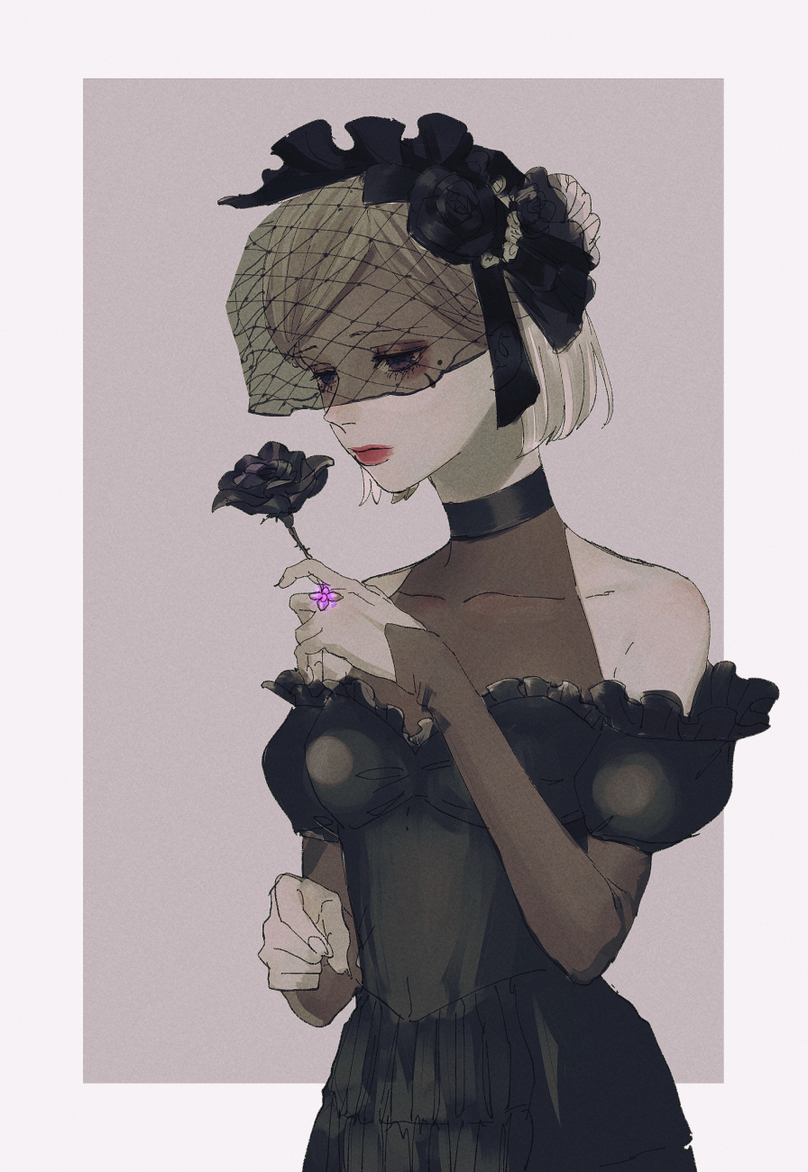1girl bare_shoulders black_choker black_flower border choker collarbone dress flower funeral_dress funeral_veil highres holding holding_flower identity_v jewelry kurosujuu lipstick makeup mole mole_under_eye ring short_hair solo veil vera_nair white_border