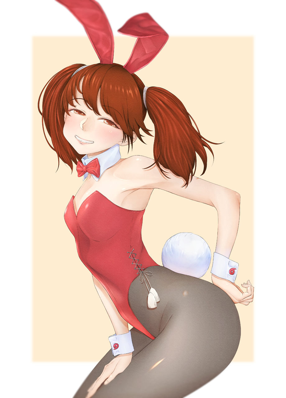 1girl alternate_costume animal_ears black_pantyhose bow bowtie breasts brown_eyes brown_hair detached_collar fake_animal_ears fake_tail highleg highleg_leotard highres kantai_collection leotard magatama pantyhose playboy_bunny rabbit_ears rabbit_tail red_bow red_bowtie red_leotard ryuujou_(kancolle) side-tie_leotard small_breasts solo strapless strapless_leotard tail twintails wrist_cuffs yuichi_(sp_sakura_yoshi)