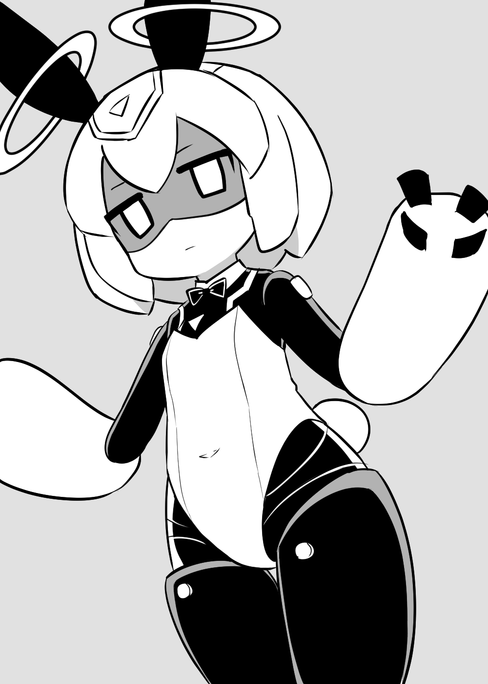 1girl android animal_ears bow bowtie closed_mouth covered_navel grey_background greyscale hair_between_eyes hands_up highres leotard looking_at_viewer monochrome naga_u puniru_wa_kawaii_slime rabbit_ears rabbit_tail runruun_(puniru_wa_kawaii_slime) shaded_face short_hair simple_background solo strapless strapless_leotard tail