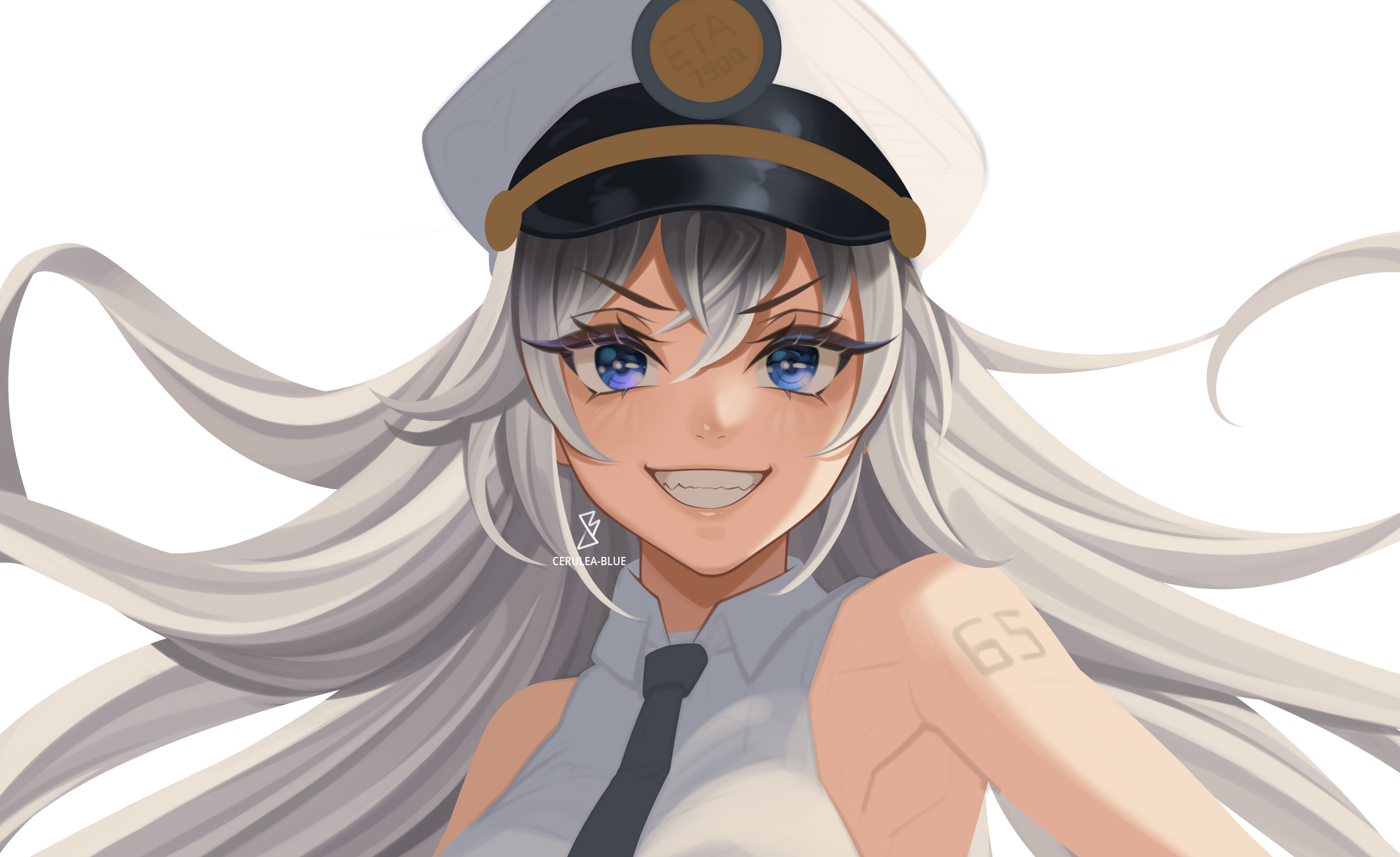 1girl absurdres artist_logo azur_lane black_necktie blue_eyes cerulea-blue commentary commission english_commentary enterprise_(azur_lane) highres logo long_hair looking_at_viewer necktie number_tattoo shirt shoulder_tattoo sleeveless sleeveless_shirt smile solo tattoo upper_body white_hair white_shirt
