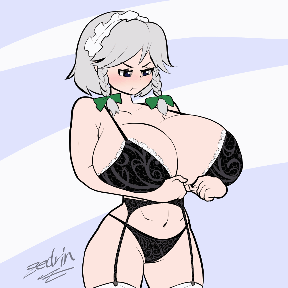 1girl animated animated_gif black_bra black_panties blush bra breasts bursting_breasts garter_belt garter_straps grey_hair huge_breasts izayoi_sakuya large_areolae panties solo solo_focus struggling touhou underwear zedrin