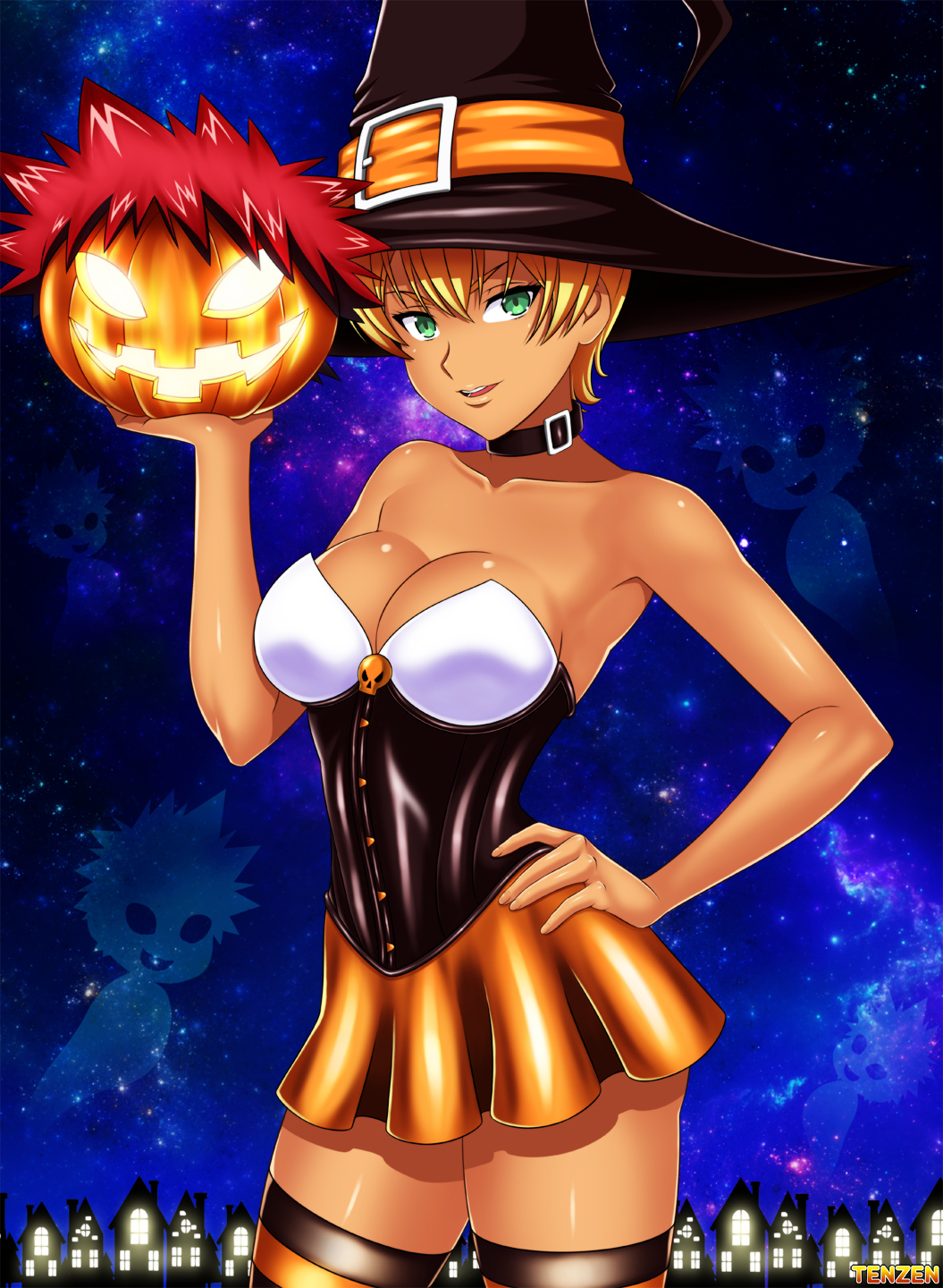 &gt;:d 10s 1boy 1girl :d alternate_costume bare_arms bare_shoulders black_collar black_corset black_headwear black_thighhighs blonde_hair breasts building cleavage collar collarbone corset dark_skin dual_persona food ghost green_eyes hair_between_eyes halloween halloween_costume hand_on_own_hip hand_up hat hat_belt highres holding holding_food holding_pumpkin holding_vegetable house jack-o&#039;-lantern large_breasts legs lips looking_at_viewer mito_ikumi naughty_face night night_sky open_mouth orange_skirt orange_thighhighs pleated_skirt pumpkin red_hair round_teeth shokugeki_no_souma short_hair skirt skull sky smile standing star_(sky) starry_sky strapless striped_clothes striped_thighhighs teeth tenzen_(netspike) thighhighs upper_teeth_only vegetable witch witch_hat yukihira_souma