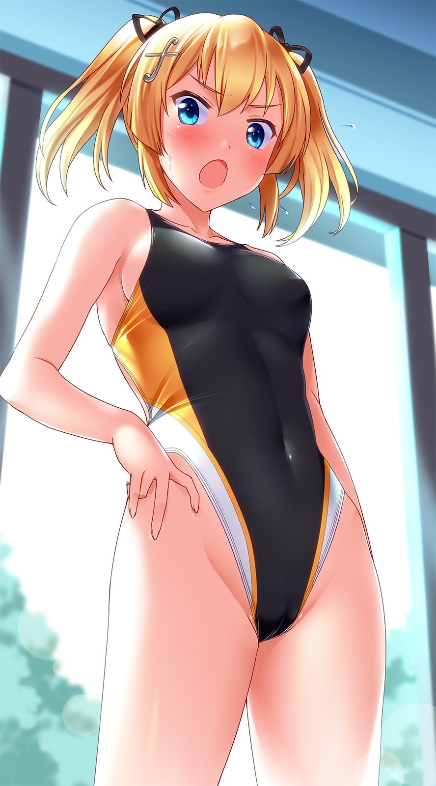1girl arm_at_side bare_shoulders battle_girl_high_school black_one-piece_swimsuit blonde_hair blush breasts cleavage collarbone commentary_request competition_swimsuit covered_navel female_focus forte_(symbol) fortissimo frown hair_between_eyes hair_ornament hair_ribbon hand_on_own_hip highleg highleg_one-piece_swimsuit highres indoors kougami_kanon looking_at_viewer musical_note musical_note_hair_ornament one-piece_swimsuit open_mouth ribbon short_hair short_twintails small_breasts solo swimsuit tree tsuchimiya twintails two_side_up window