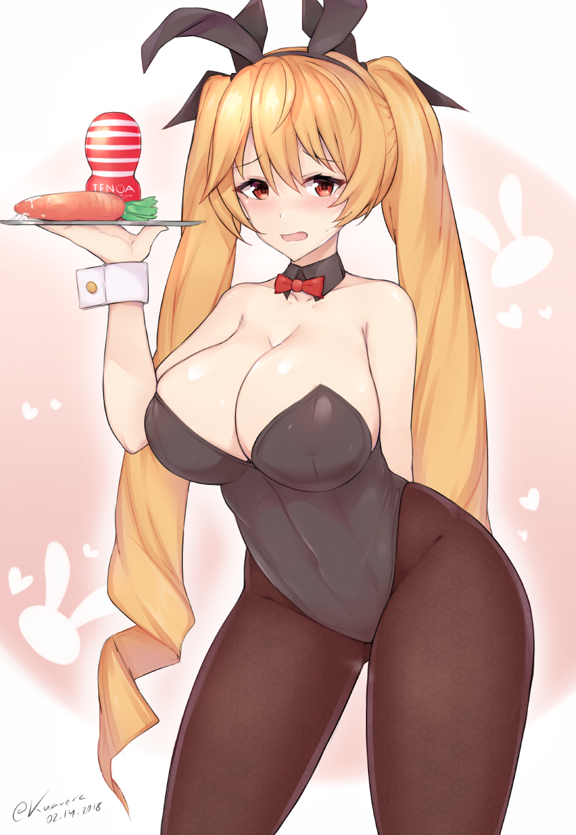 1girl ahoge animal_ears arm_behind_back artificial_vagina azur_lane bare_shoulders black_leotard blonde_hair blush bow bowtie breasts brown_pantyhose carrot cleavage collarbone contrapposto covered_erect_nipples covered_navel cowboy_shot dated detached_collar embarrassed fake_animal_ears female_focus gluteal_fold gradient_background heart highres holding holding_tray kuavera large_breasts leaning_forward leotard long_hair looking_at_viewer nelson_(azur_lane) pantyhose pink_background playboy_bunny print_pantyhose rabbit_ears raised_eyebrows red_bow red_bowtie red_eyes sex_toy shiny_skin solo standing strapless strapless_leotard suggestive_fluid sweatdrop tenga tray twitter_username very_long_hair wing_collar wrist_cuffs