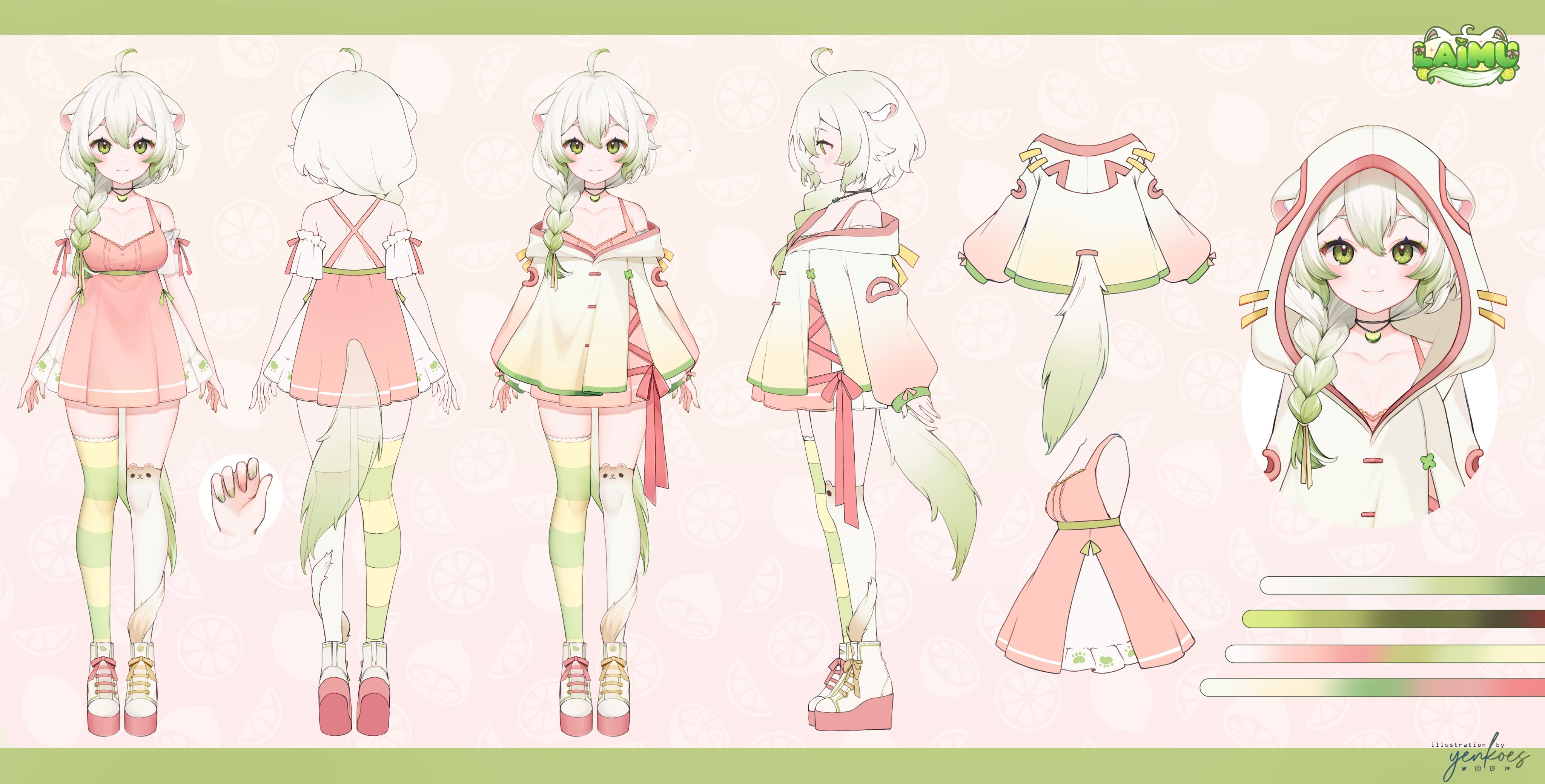 1girl absurdres ahoge animal_ears asymmetrical_legwear boots braid breasts reference_sheet cleavage detached_sleeves double-parted_bangs dress ferret_ears ferret_girl ferret_tail full_body gradient_hair gradient_hoodie gradient_tail green_eyes green_hair green_nails hair_ornament highres jewelry laimu_(vtuber) laimu_(vtuber)_(1st_costume) long_hair medium_breasts multicolored_hair necklace official_art pink_dress pink_nails platform_boots platform_footwear sidelocks single_braid standing striped_clothes striped_thighhighs thighhighs two-tone_hair vinesauce virtual_youtuber white_hair white_thighhighs yenkoes