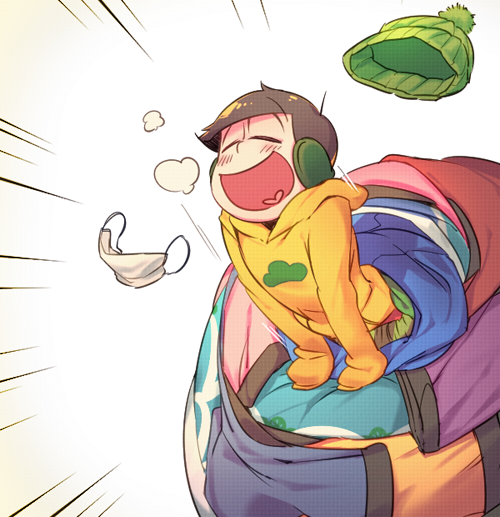 10s 1boy ^_^ ahoge arm_support ball beanie black_hair closed_eyes earmuffs eyebrows hands_in_opposite_sleeves happy hat heart heart_in_mouth hood hood_down hoodie leaning_forward long_sleeves male_focus mask matsuno_jyushimatsu motion_lines mouth_mask osomatsu-kun osomatsu-san osomatsu_(series) rian_(bdl) sleeves_past_wrists solo surgical_mask unworn_hat unworn_headwear unworn_mask white_background