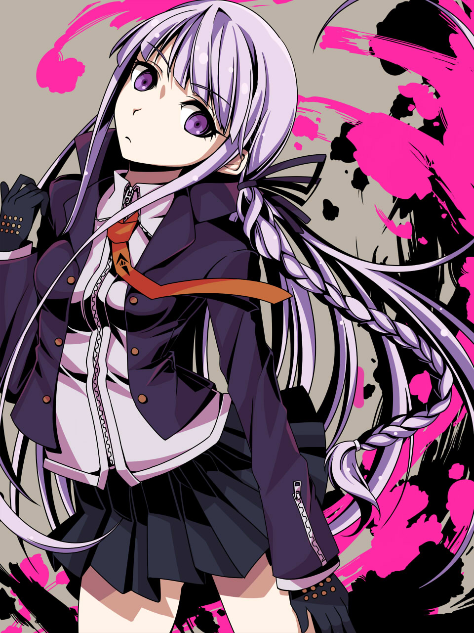 1girl black_gloves black_ribbon braid breasts danganronpa_(series) gloves hair_ribbon highres jacket kirigiri_kyoko long_hair long_sleeves necktie open_clothes open_jacket orange_necktie purple_eyes purple_hair purple_jacket ribbon shirousagi_una side_braid skirt solo square-end_necktie