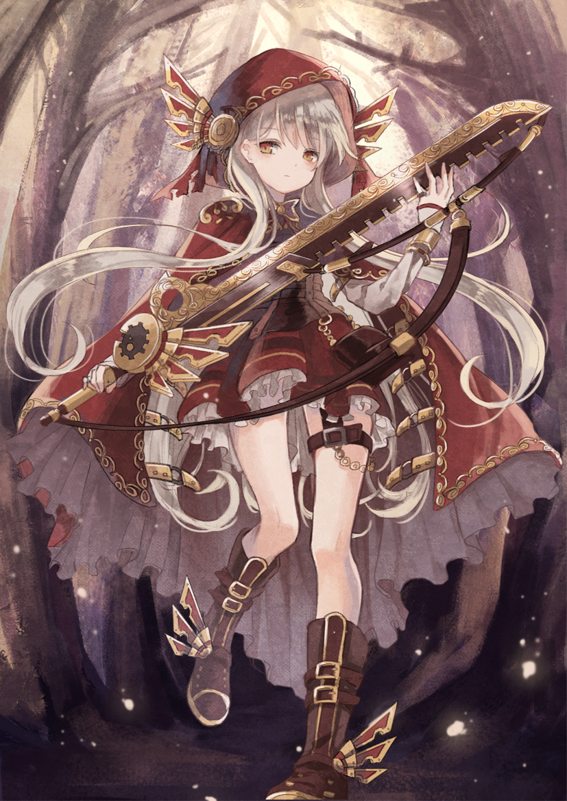 1girl bare_tree boots brown_boots brown_eyes cape frills hood light_brown_hair little_red_riding_hood_(fairy_tale) little_red_riding_hood_(fairy_tale_character) long_hair oro_ponzu outdoors red_cape red_hood red_skirt skirt standing standing_on_one_leg steampunk sword thigh_strap tree very_long_hair weapon