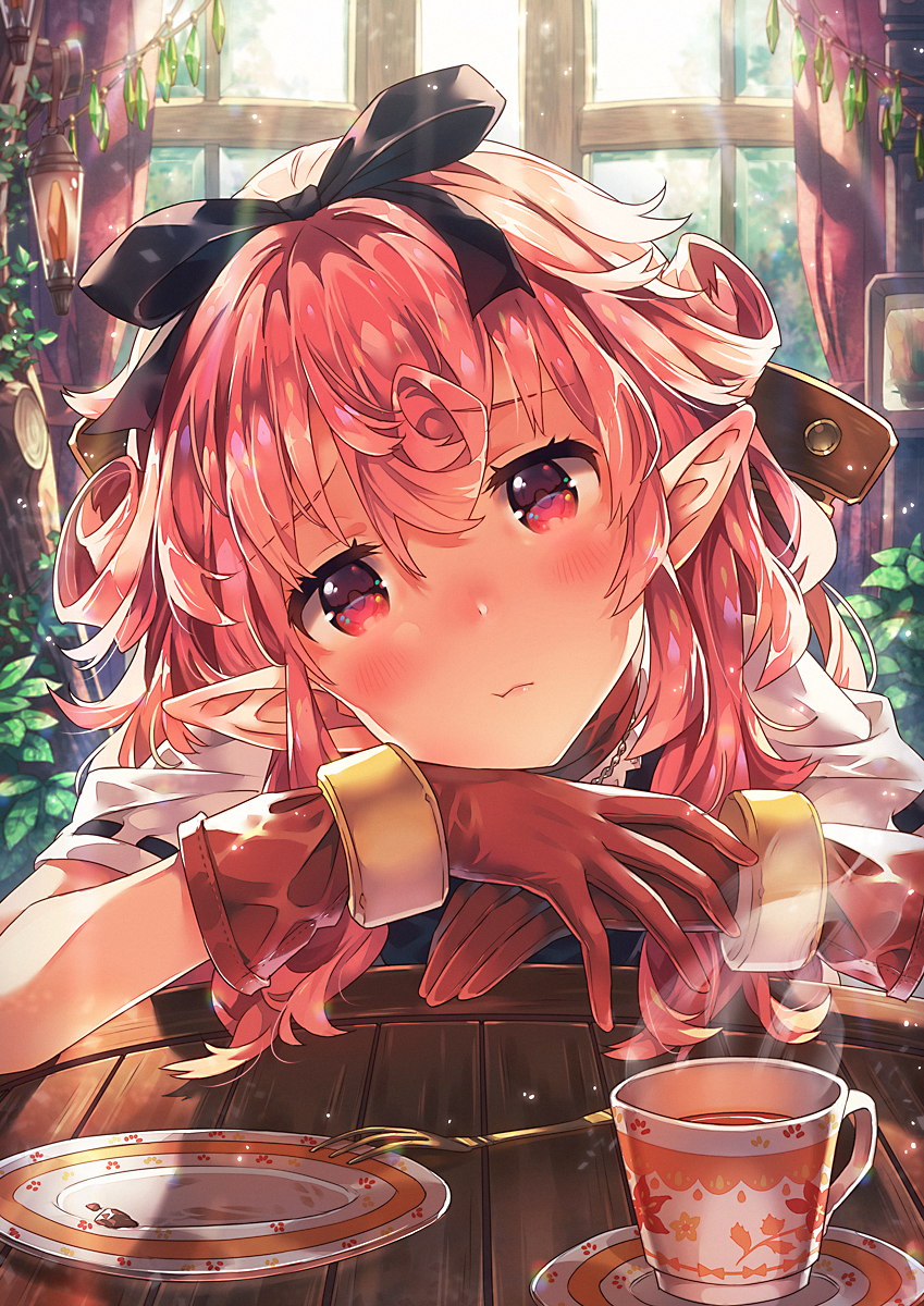 1girl black_ribbon black_tea blush bracer closed_mouth crystal cup curly_hair curtains day eyebrows eyelashes female_focus floral_print food fork gloves hair_between_eyes hair_ribbon head_rest head_tilt highres indoors jewelry lantern light_particles lips looking_at_viewer narumi_arata necklace on_chair open_window original own_hands_together pink_hair plant plate pointy_ears recri_(narumi_arata) red_eyes red_gloves revision ribbon ribbon-trimmed_sleeves ribbon_trim saucer short_sleeves solo stream table tea teacup window wooden_chair wooden_table