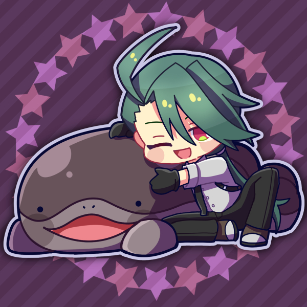 1girl ;d black_gloves black_necktie black_pants chibi chibi_only clodsire gloves green_hair hair_between_eyes long_hair long_sleeves looking_at_viewer necktie nintendo one_eye_closed open_mouth otowaika pants pokemon pokemon_sv ponytail purple_background red_eyes rika_(pokemon) shirt smile star_(symbol) striped_background suspenders