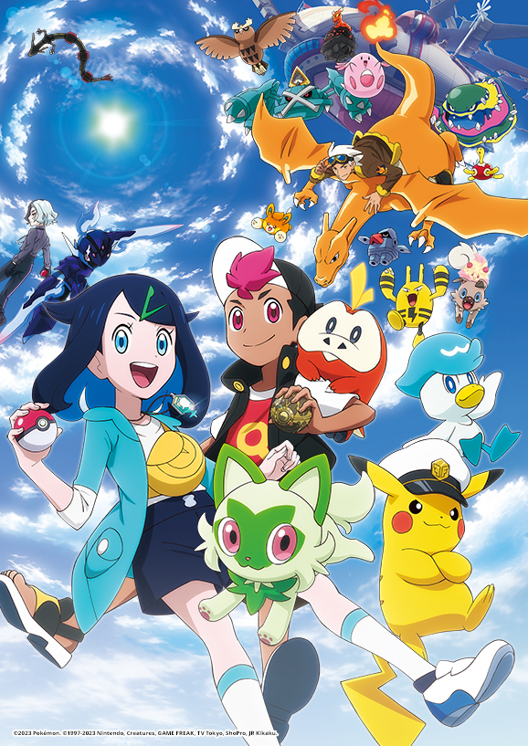 1girl 3boys alcremie alcremie_(strawberry_sweet) alcremie_(vanilla_cream) alolan_form alolan_muk alternate_color amethio_(pokemon) aqua_eyes black_hair blue_eyes blue_sky captain_pikachu carkol ceruledge chansey charizard claws cloud copyright_notice dark-skinned_male dark_skin elekid fingernails fire flame-tipped_tail friede_(pokemon) fuecoco gem gen_1_pokemon gen_2_pokemon gen_3_pokemon gen_7_pokemon gen_8_pokemon goggles goggles_on_head green_gemstone hair_ornament hairclip hat holding holding_poke_ball jacket jewelry legendary_pokemon liko_(pokemon) long_sleeves looking_at_viewer metagross multicolored_hair multiple_boys necklace nintendo noctowl nosepass official_art open_clothes open_jacket open_mouth pawmi pawmo pikachu poke_ball pokemon pokemon_(anime) pokemon_(creature) pokemon_horizons promotional_art quaxly rayquaza red_eyes riding riding_pokemon rockruff roy_(pokemon) shiny_pokemon shirt shoes short_sleeves shorts shuckle sky slugma snorunt socks spread_wings sprigatito starter_pokemon_trio streaked_hair sun tail teeth toeless_footwear toes upper_teeth_only white_hair white_shirt wings