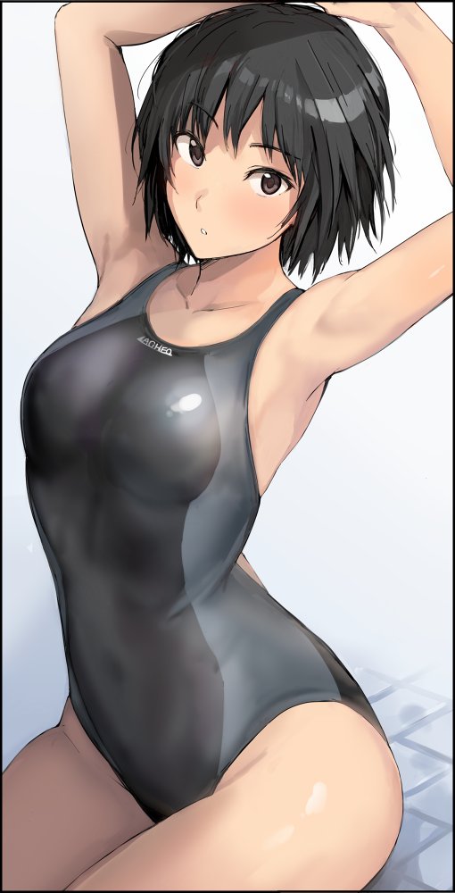 1girl amagami black_hair black_one-piece_swimsuit blush breasts brown_eyes commentary competition_swimsuit looking_at_viewer medium_breasts mobu nanasaki_ai one-piece_swimsuit parted_lips short_hair simple_background sitting solo swimsuit